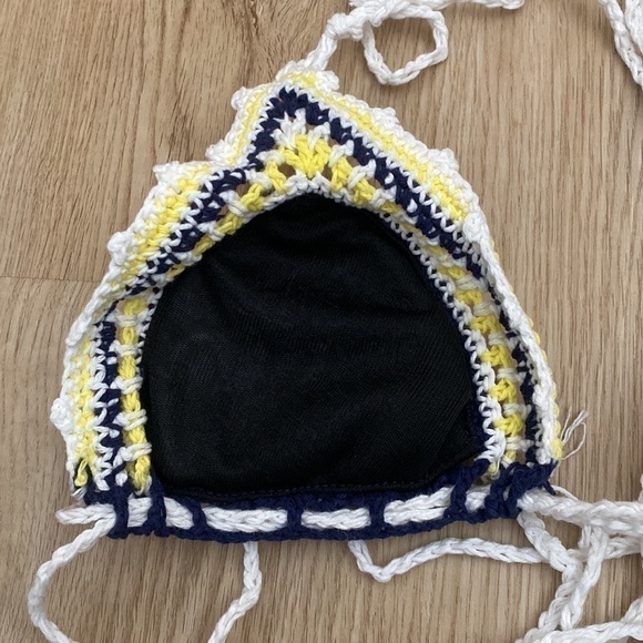 Boho Crochet Bikini Set Navy Blue Yellow Trim Festival Ready Beach Outfit - Picture 5 of 10